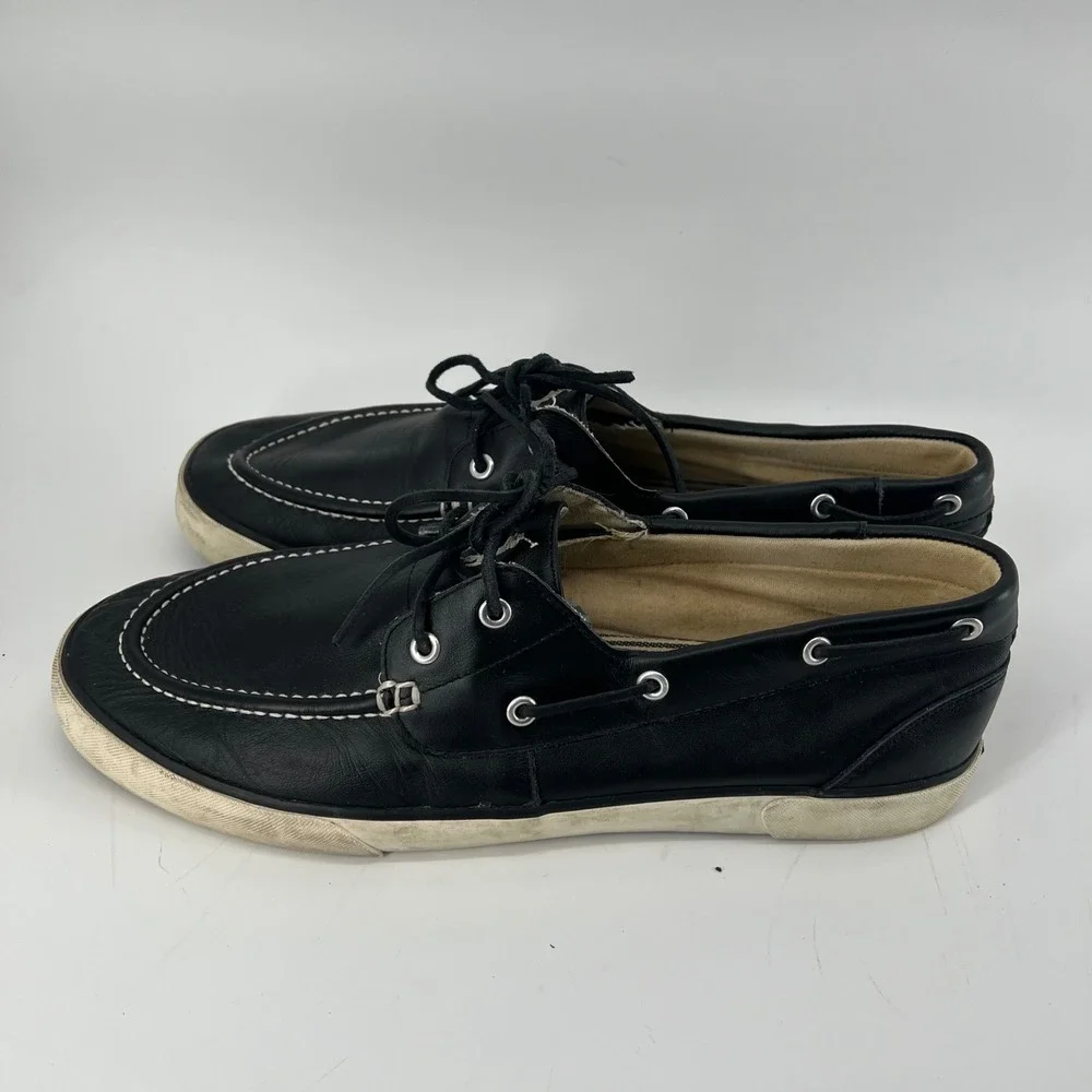 Polo Ralph Lauren Sander Mens 14D Black Leather Boat Shoes Sneakers 0200001087‎